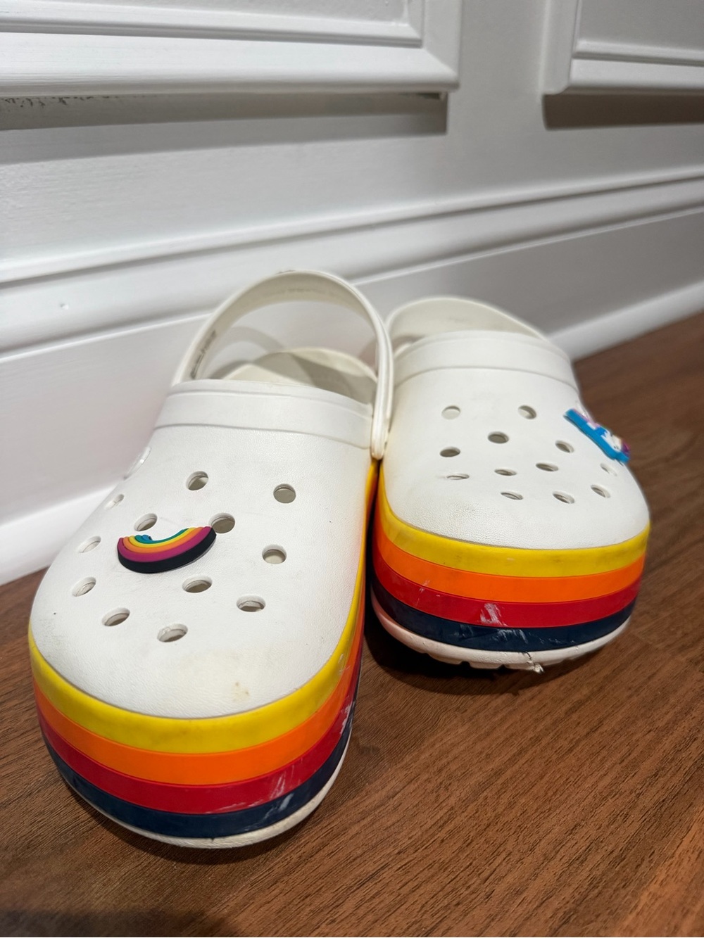 CROCS White Platform Clogs with Rainbow Stripe Soles